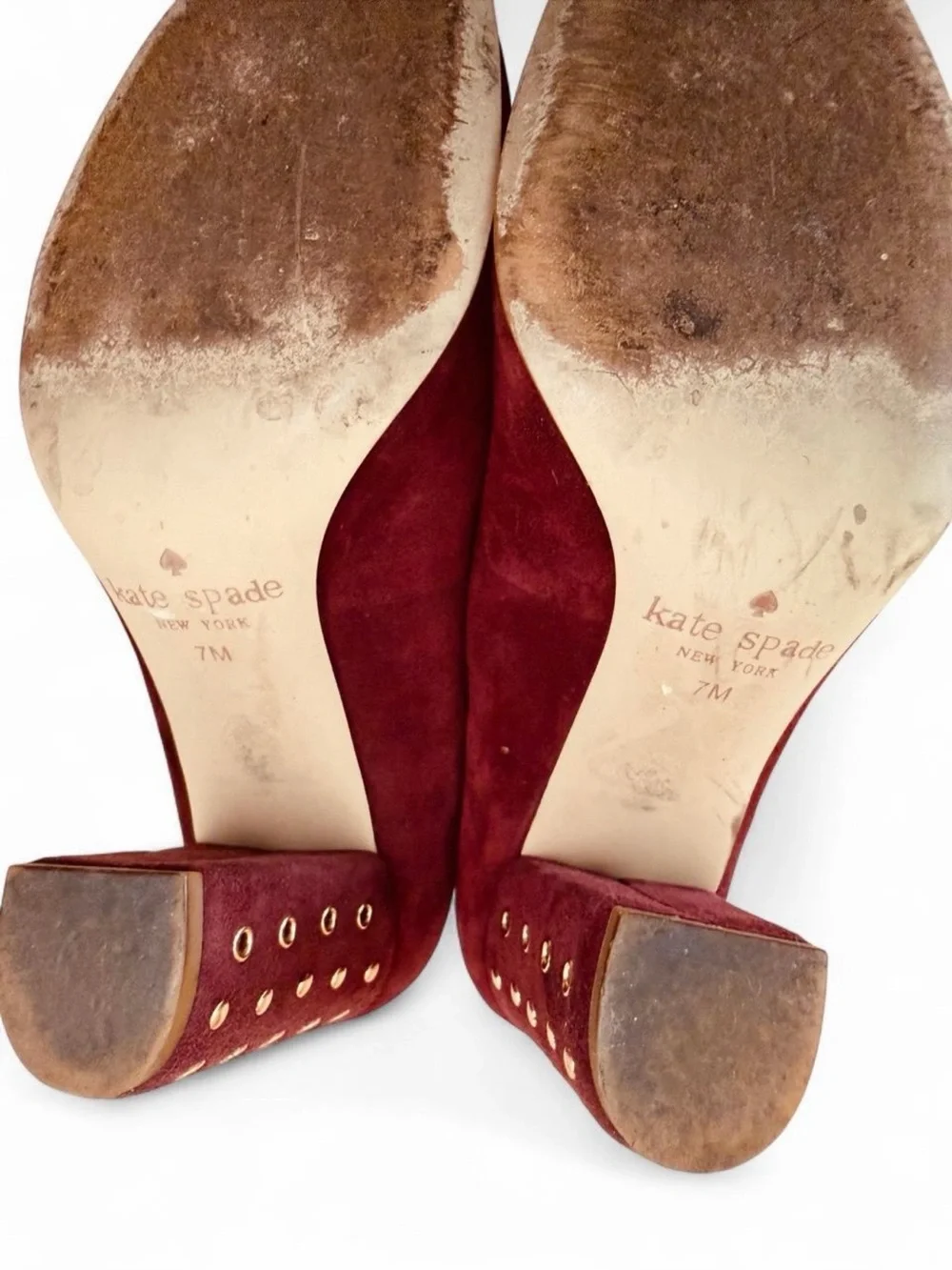 kate spade Burgundy Suede Block Heel Pumps with Eyelet Detail